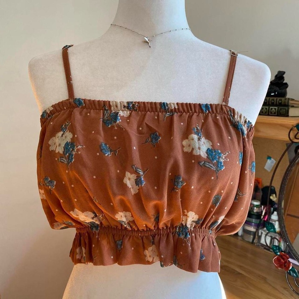 Burnt Orange Floral Mesh Cami Crop Top